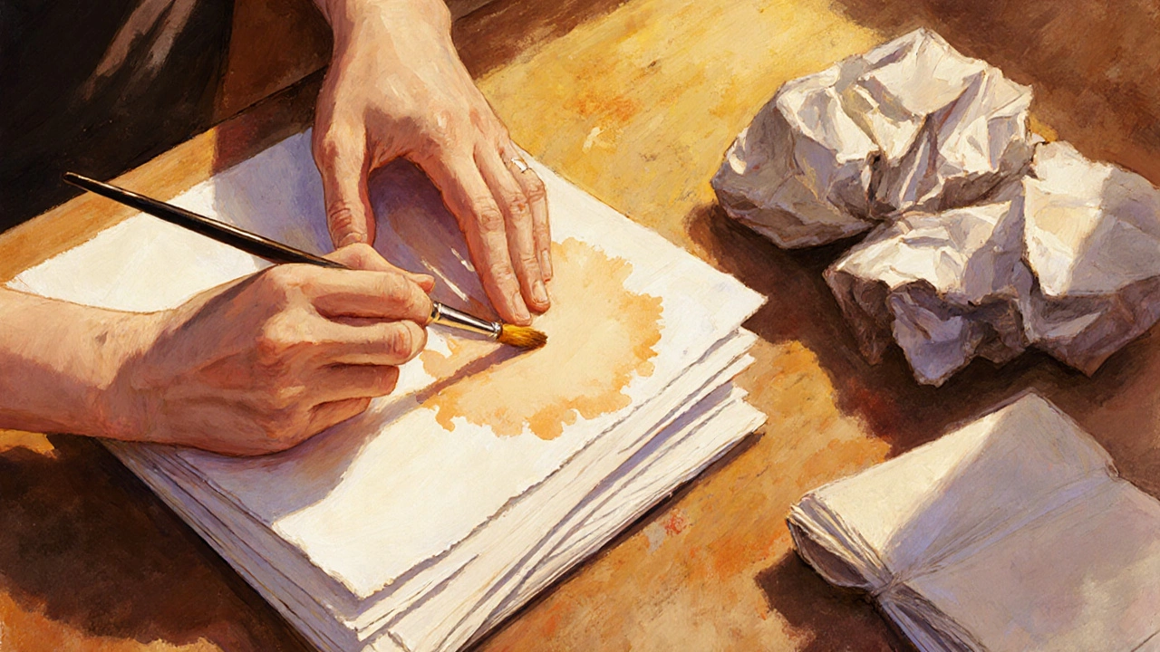 Hands painting a precise wash on high-quality watercolor paper, with a discarded cheap sketchbook nearby.