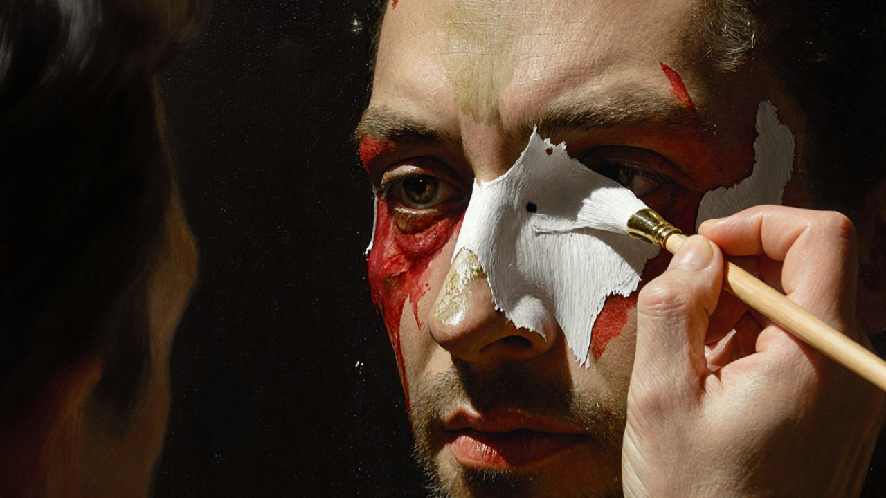 Hands painting warm highlights on a face with deep shadowed contours beneath.