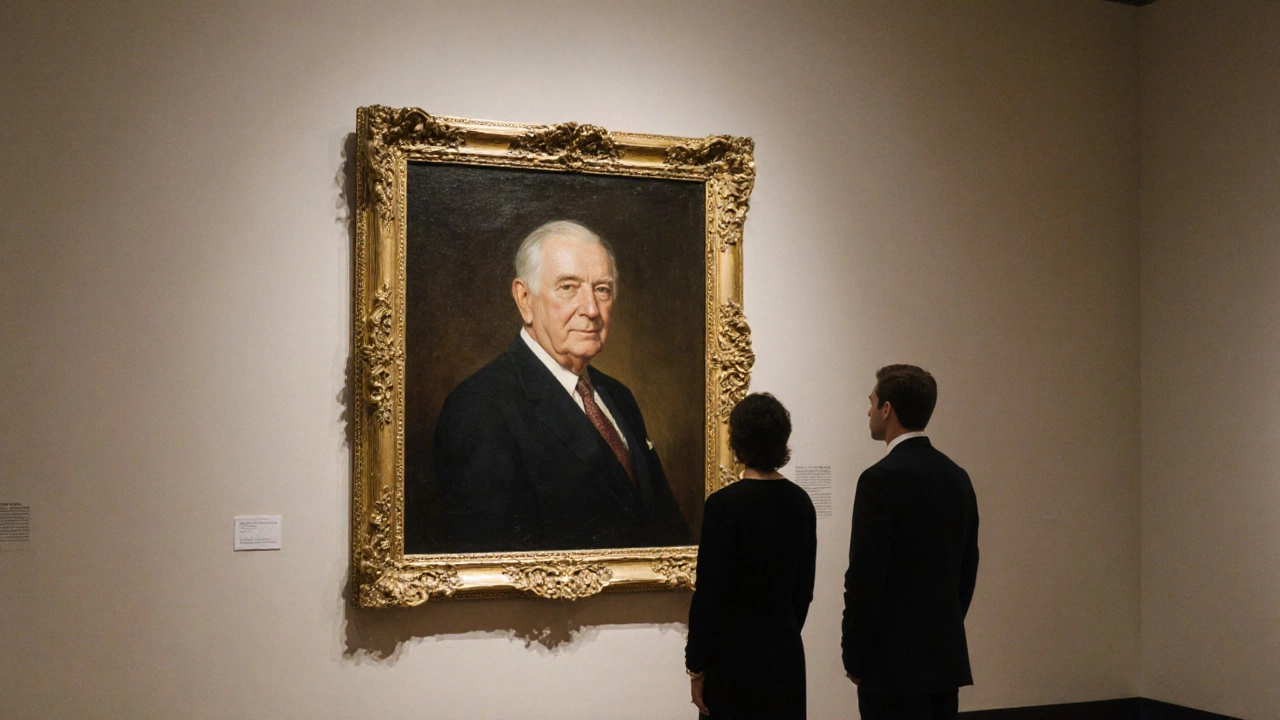 Large oil portrait of an executive displayed in a gallery under spotlight lighting.