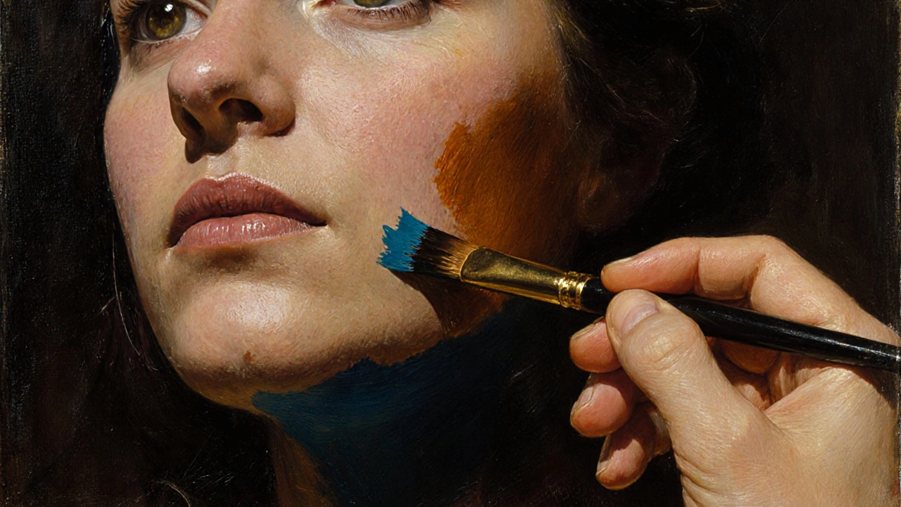 Painter applying dark shadows under the jaw and eyes with a limited palette of warm and cool tones.