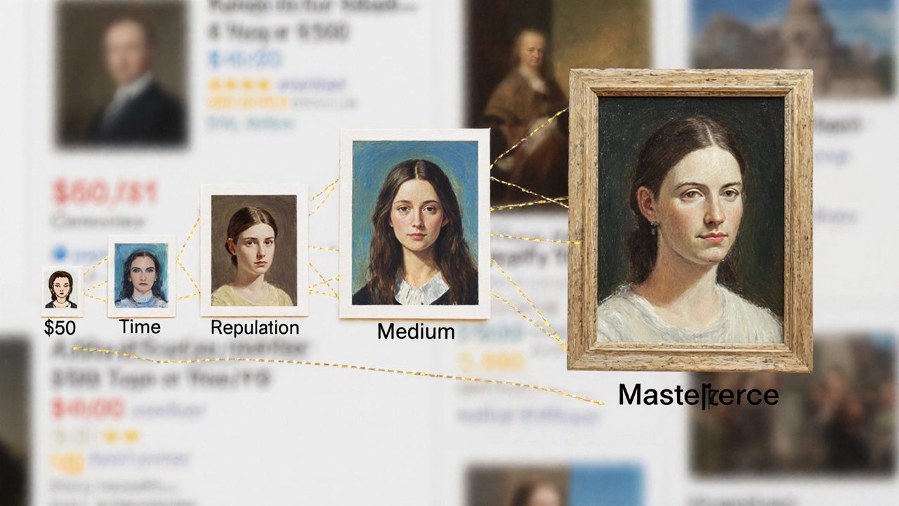 Spectrum of portrait prices from small sketch to grand painting, representing value factors.
