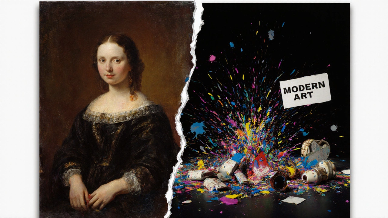 Split image: classic portrait on one side, abstract modern art on the other, symbolizing artistic change.