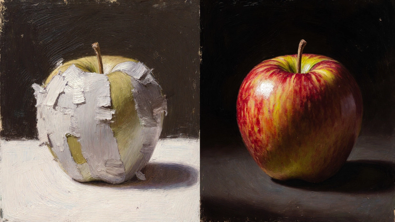 Split image comparing a muddy light-start painting versus a vibrant dark-start painting of an apple.