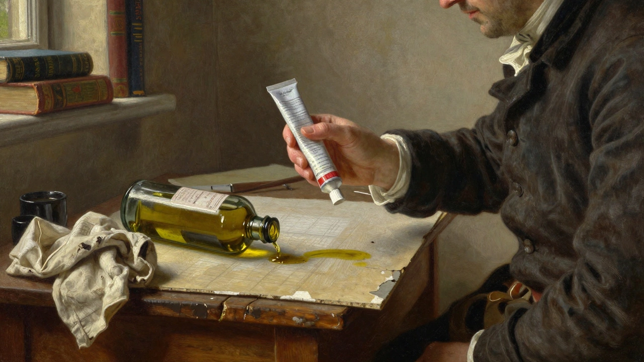 19th-century painter with linseed oil, discarded olive oil bottle beside crumbling test panel.