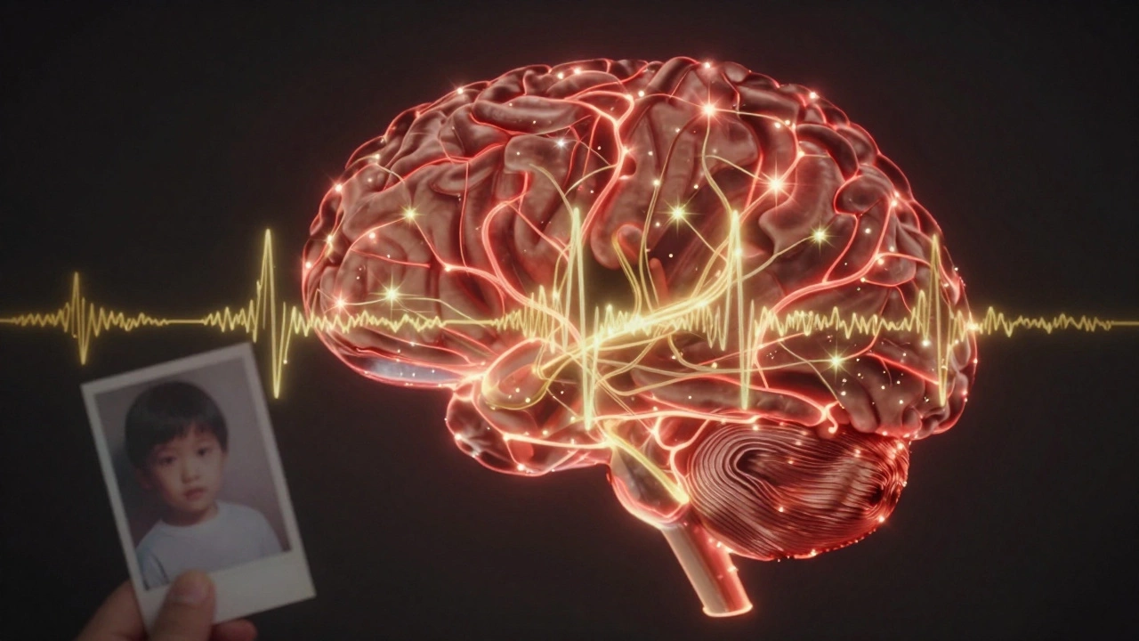A glowing brain with musical waves and memories intertwined, symbolizing emotion and dopamine response.