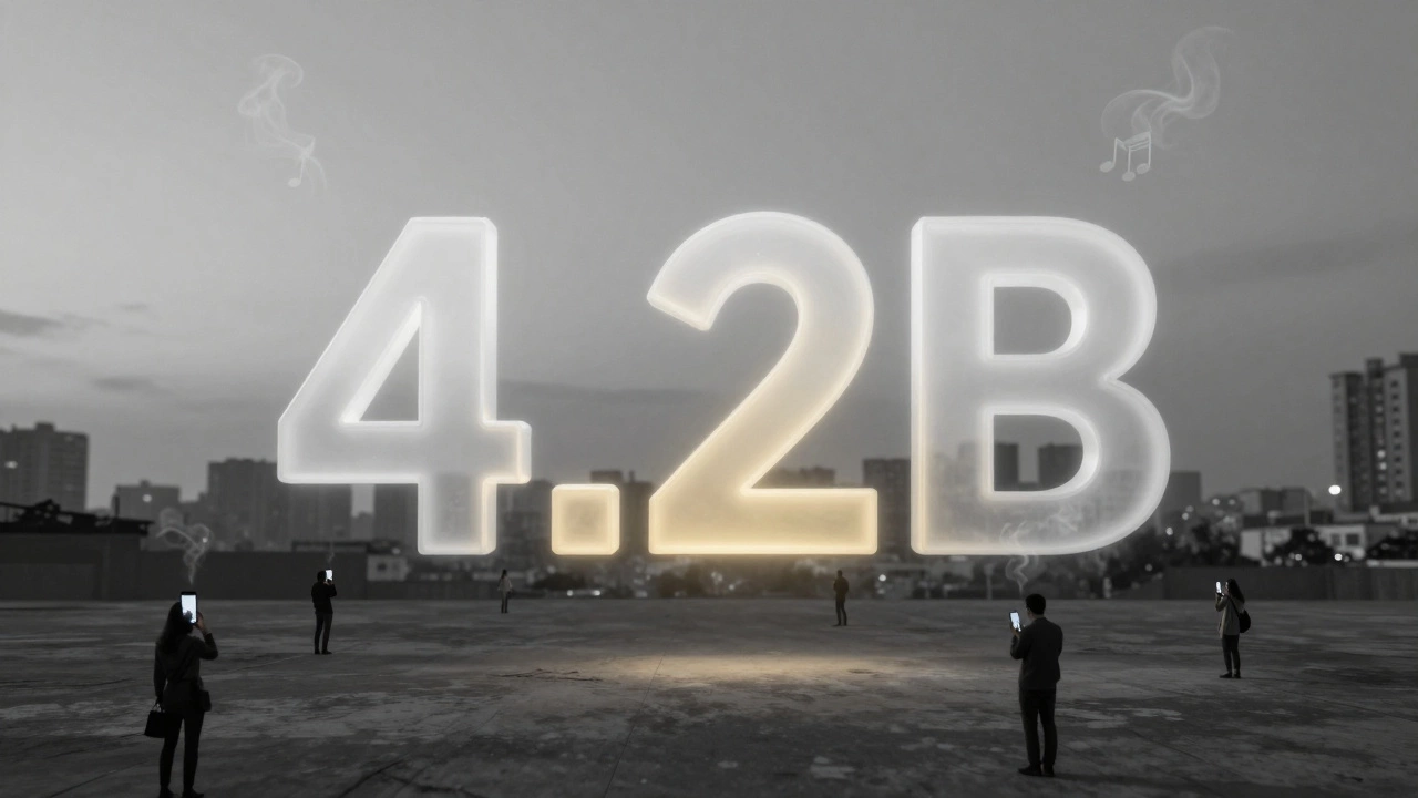 A massive &#039;4.2B&#039; number floats over a city as tiny figures play the song, golden light rising like smoke.