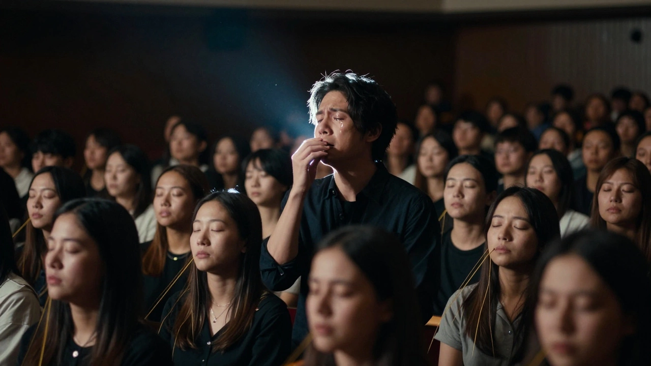 A singer crying mid-performance as golden sound waves connect the audience in a silent, emotional moment.