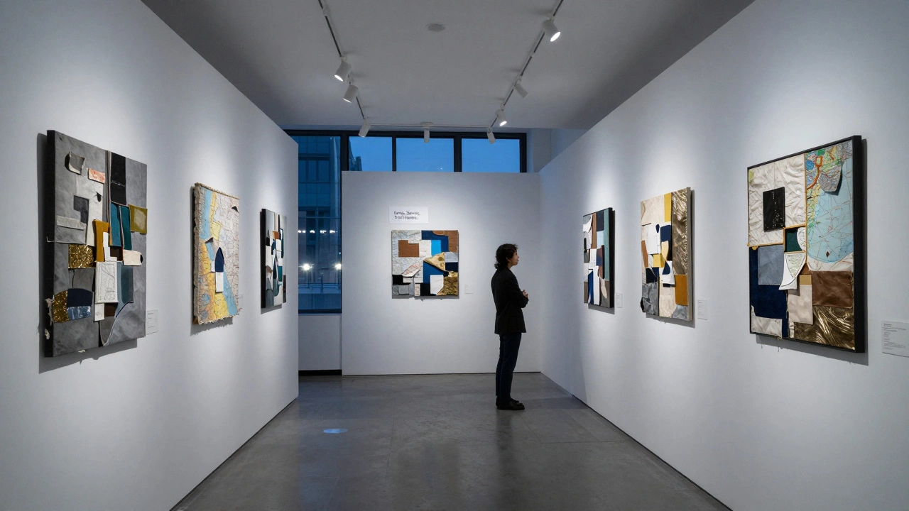A visitor contemplatively views abstract art made from recycled materials in a quiet community center.