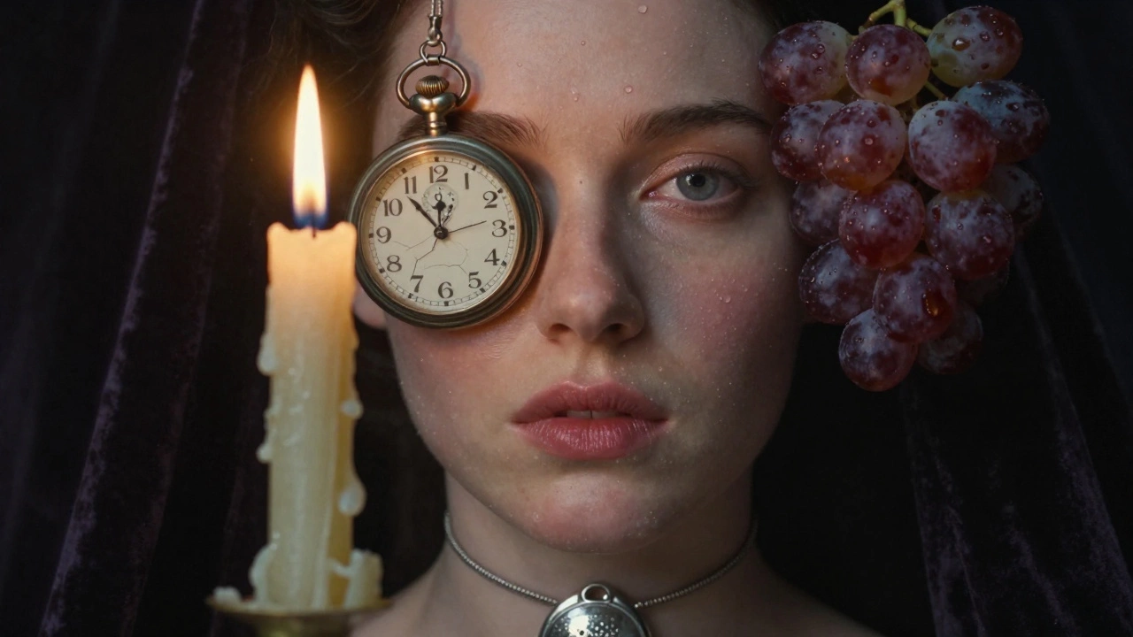 A woman's face surrounded by symbolic objects like a candle, clock, and grape, rendered with hyperreal detail.