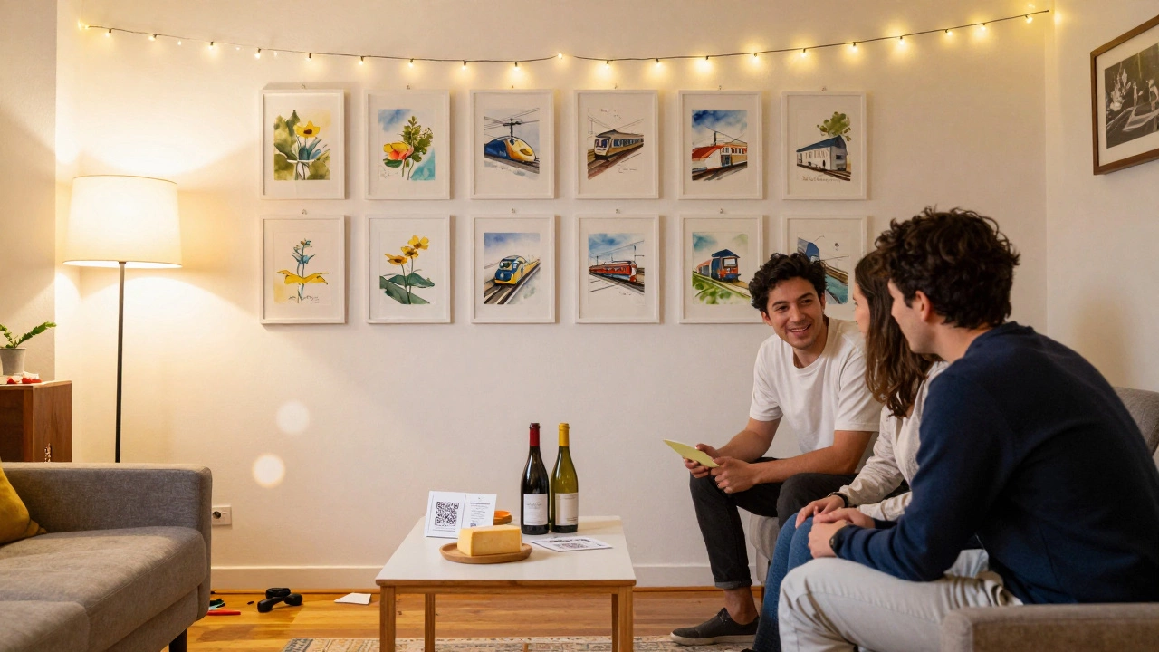 An artist converses with guests in a living room gallery lit by string lights and floor lamps.