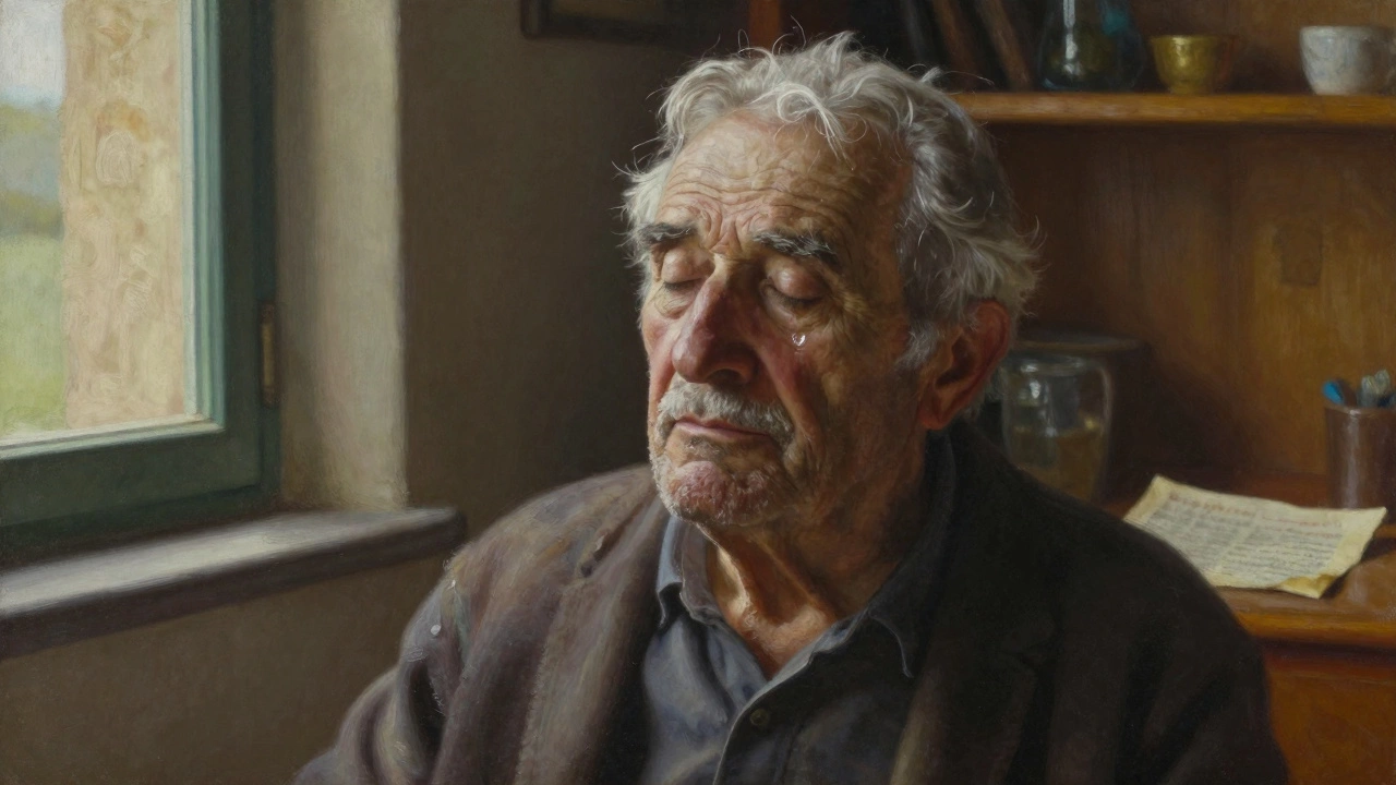 An elderly man in soft morning light, eyes closed, with delicate highlights on his skin and hair.
