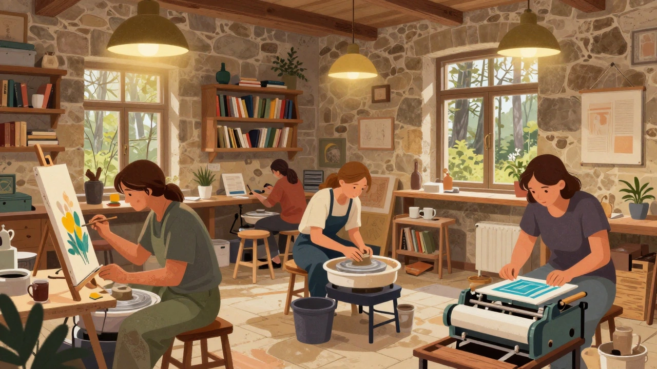 Artists working together in a rustic residency space with kilns, presses, and canvas.