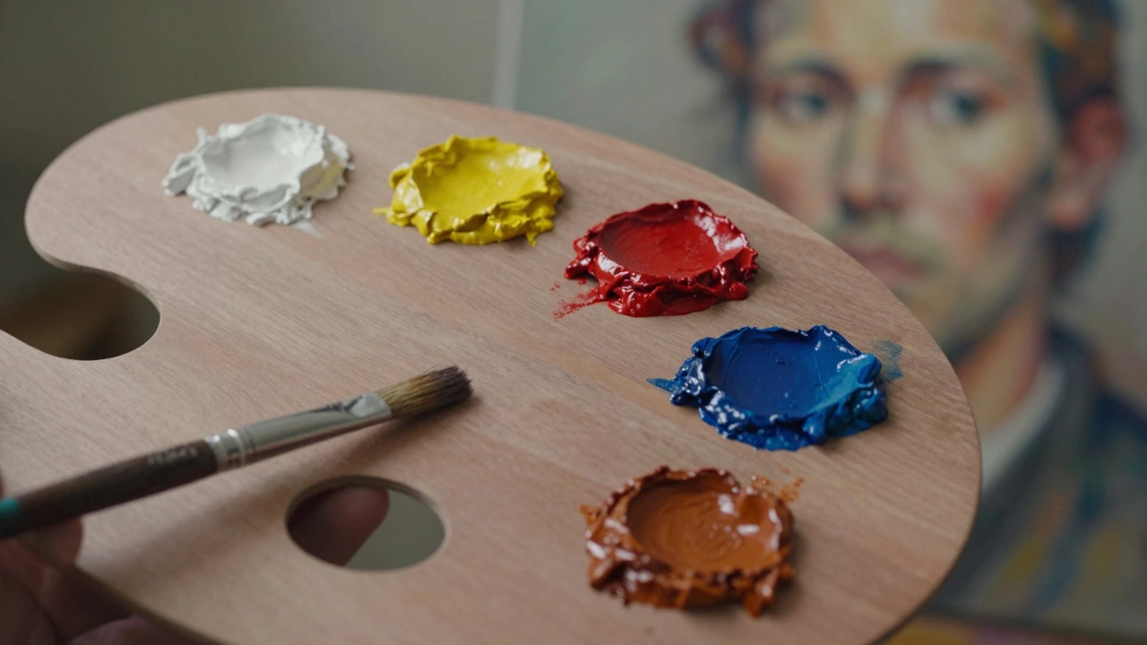 Close-up of oil paint tubes and a half-finished portrait with thick, unblended strokes.