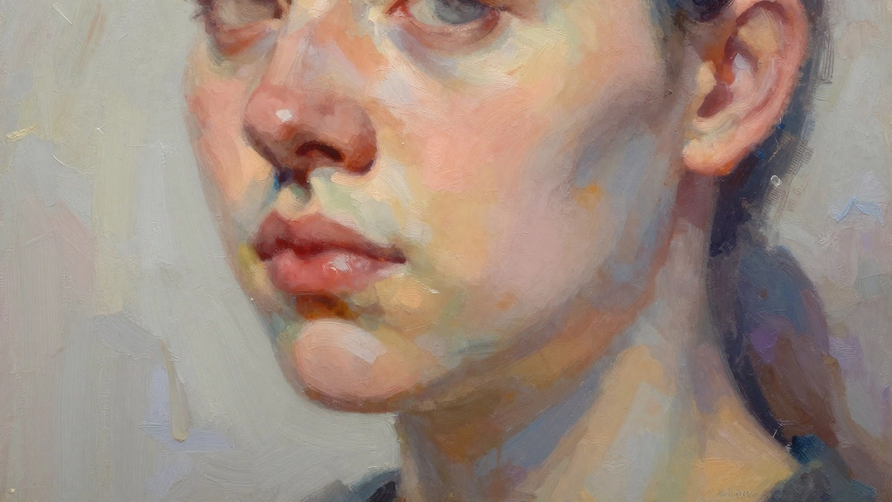 Close-up of portrait skin tones showing layered shadows and warmth with visible brushwork.