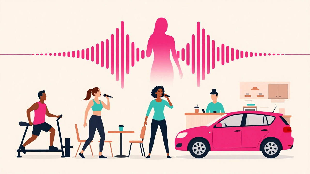 Diverse people in daily settings singing along to an invisible melody shaped like a human figure.