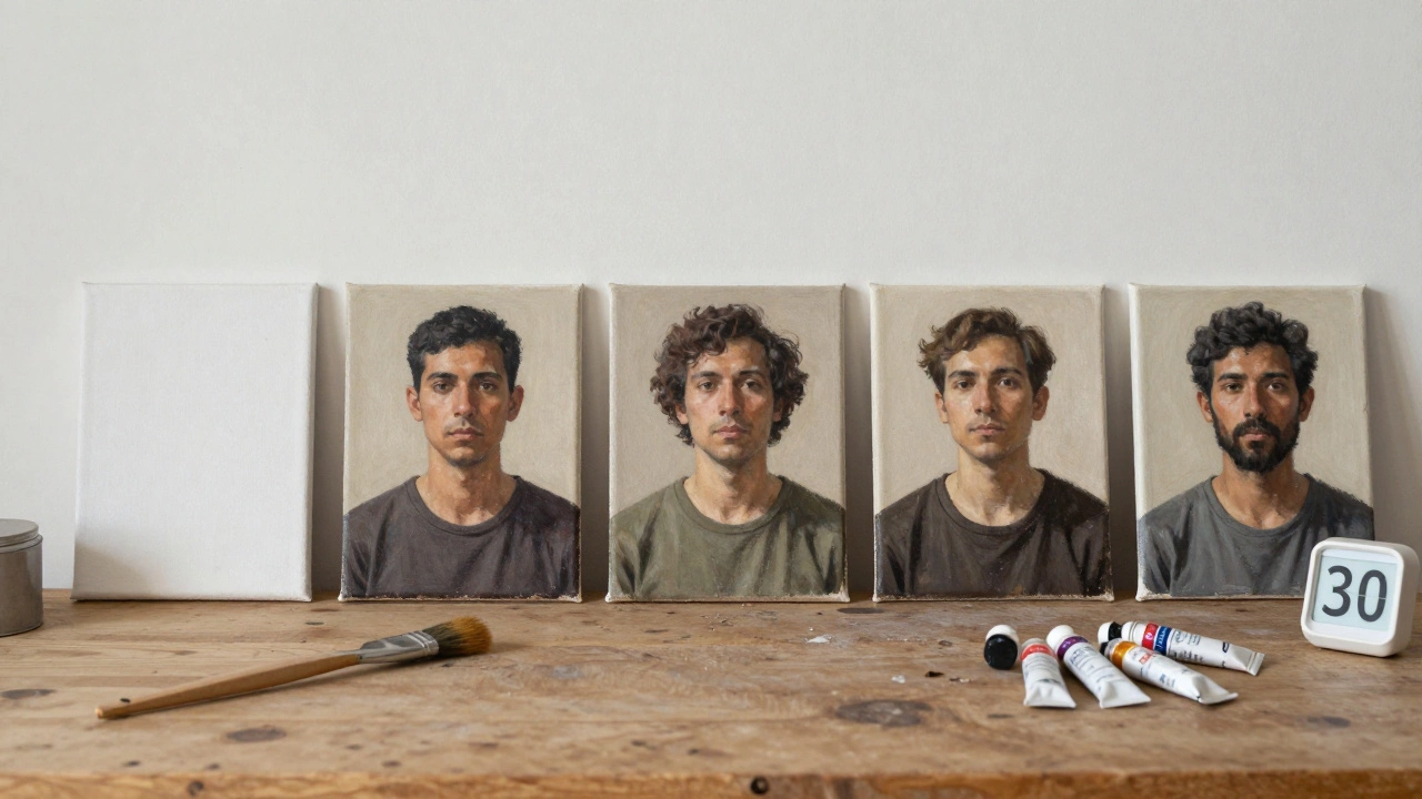 Five evolving portraits of the same person, showing progress from stiff to lifelike over time.