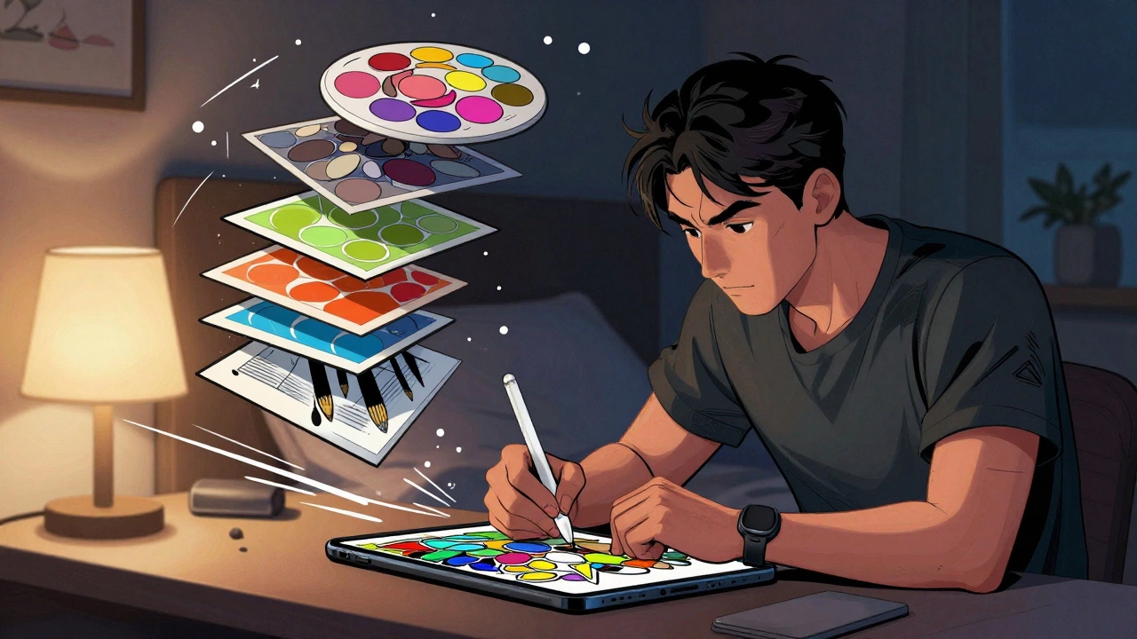 Illustrator creating a fantasy portrait on a phone at night, digital brushes swirling around.