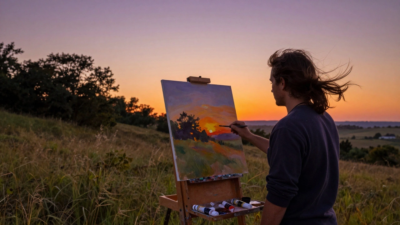 Plein air artist capturing a sunset with swift, expressive oil brushwork on a hillside.