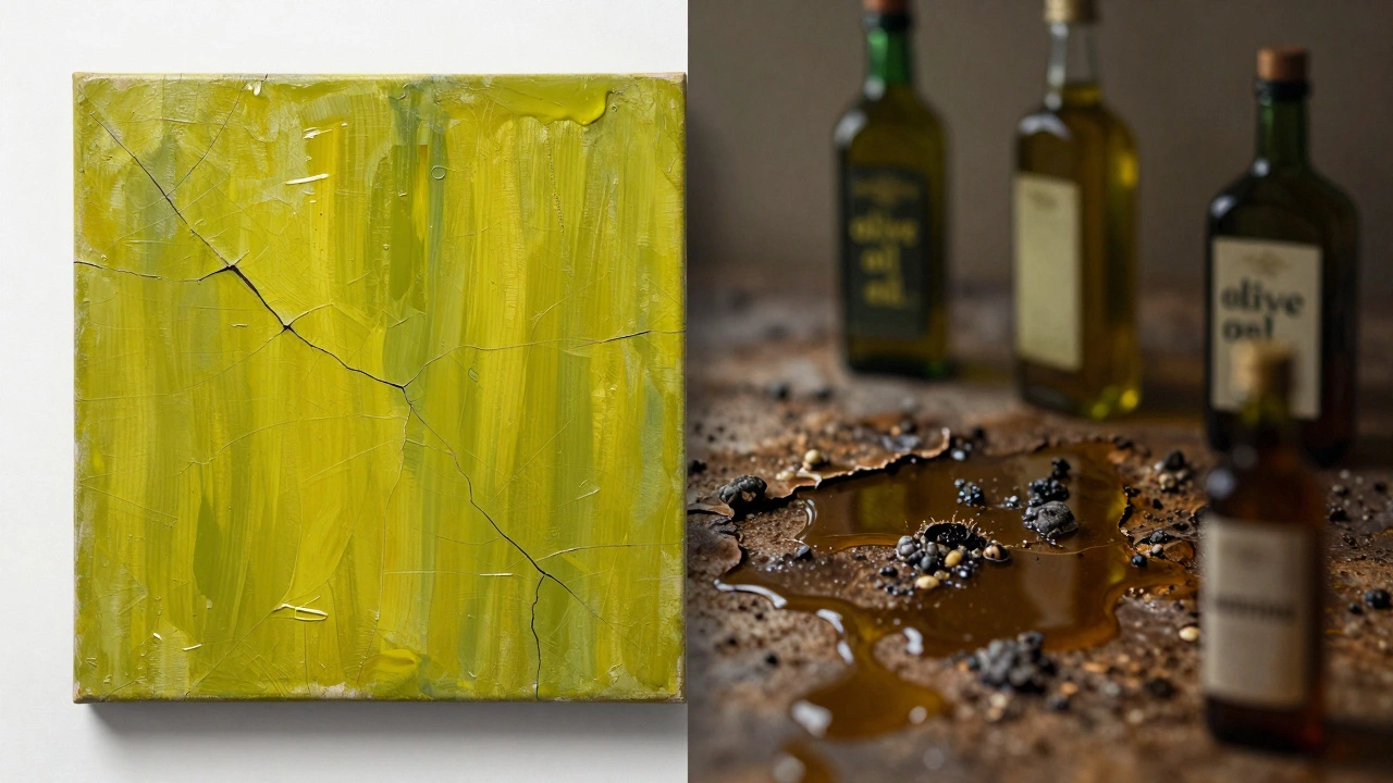 Split canvas showing stable oil painting vs. sticky, decaying olive oil mess.