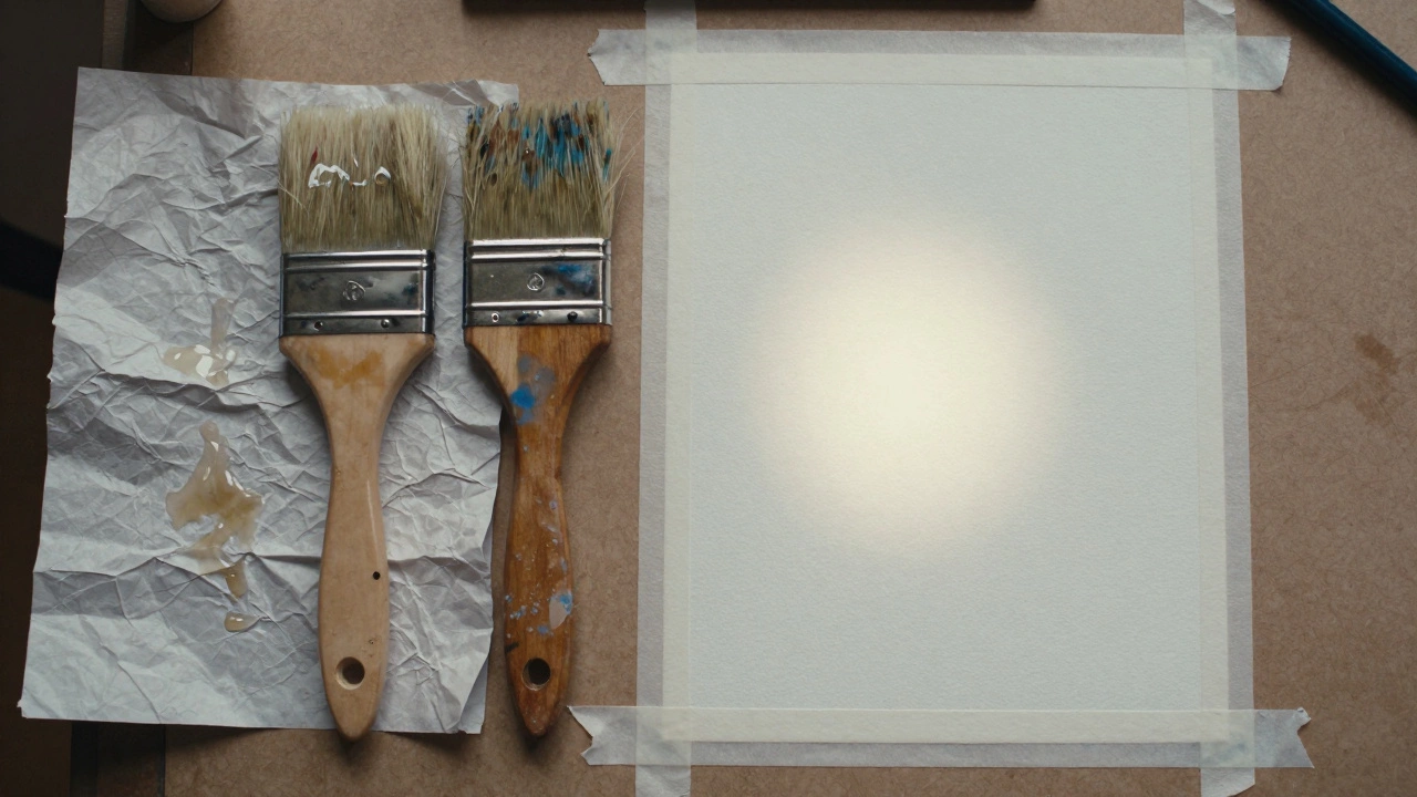 Two brushes side by side — one clean, one stained — next to buckling cheap paper and proper watercolor paper.