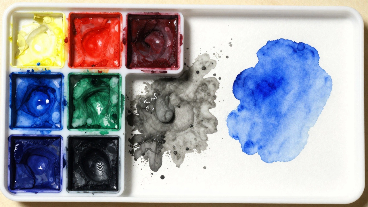 Vibrant pigments on palette next to a muddy gray mix, with one clean blue wash beside it.
