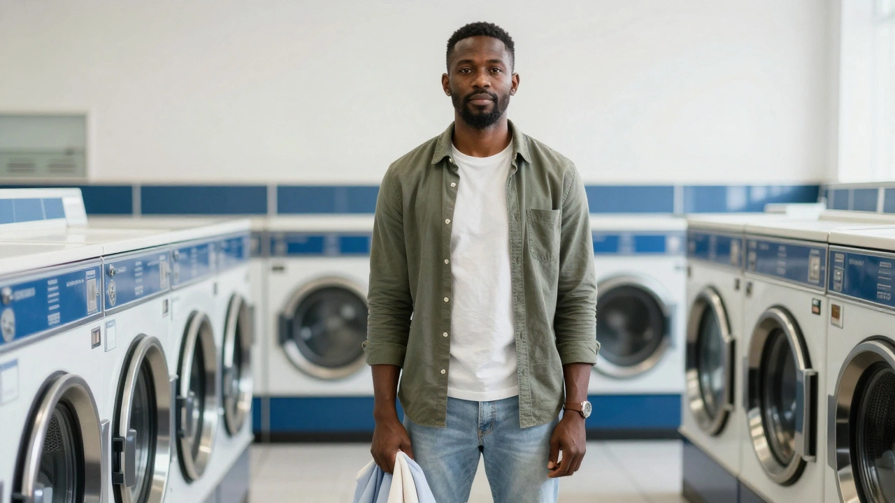 A Black man stands calmly in a sunlit laundromat, holding a shirt, surrounded by blurred washing machines.