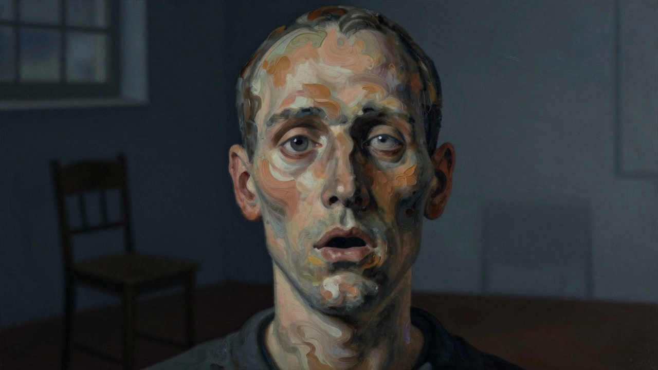 A distorted face emerging from chaotic brushwork, one eye piercing through the turmoil, evoking raw emotional depth.