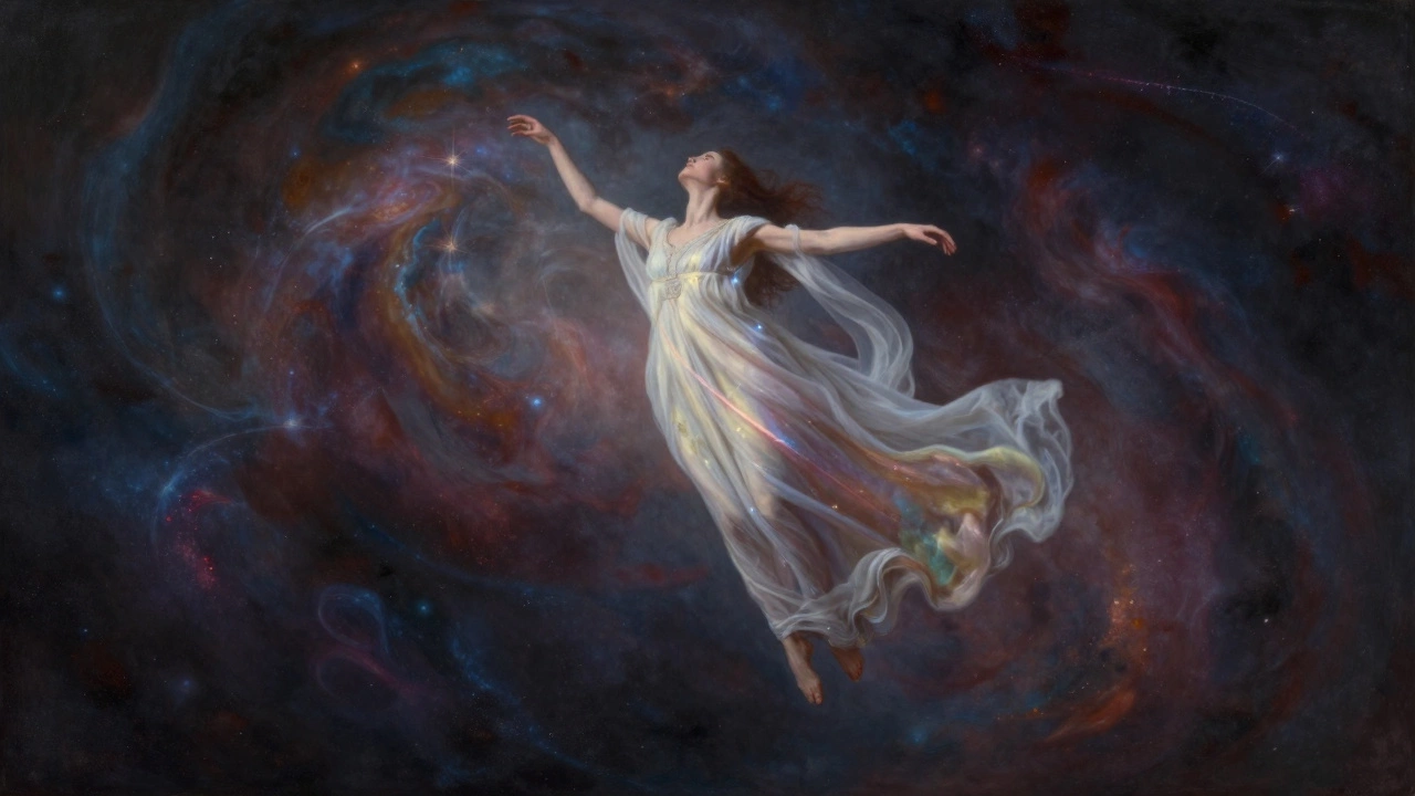 A figure floats in a cosmic void, wearing a starlit gown, face unseen but posture radiating quiet strength.