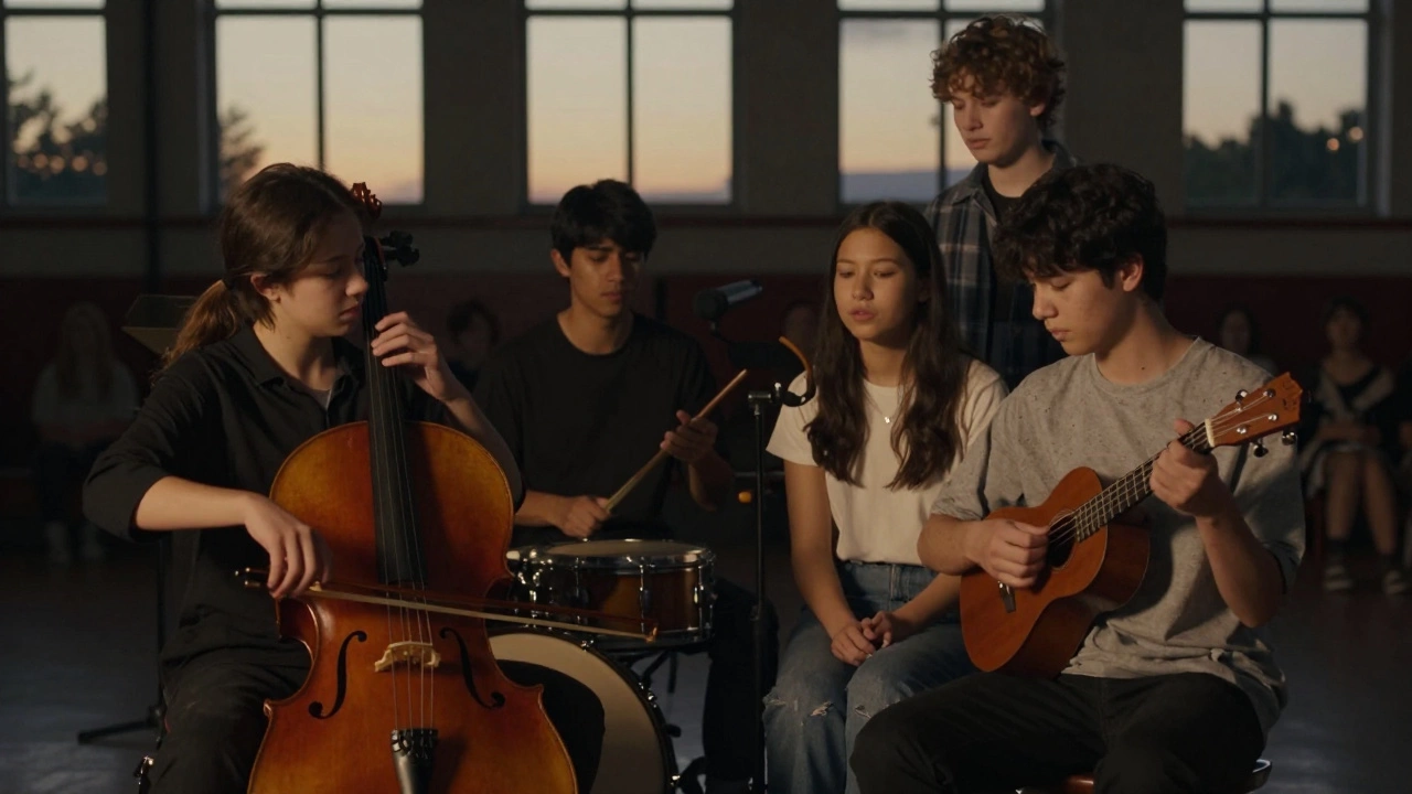 A small ensemble performing together under a spotlight in a dimly lit school auditorium.
