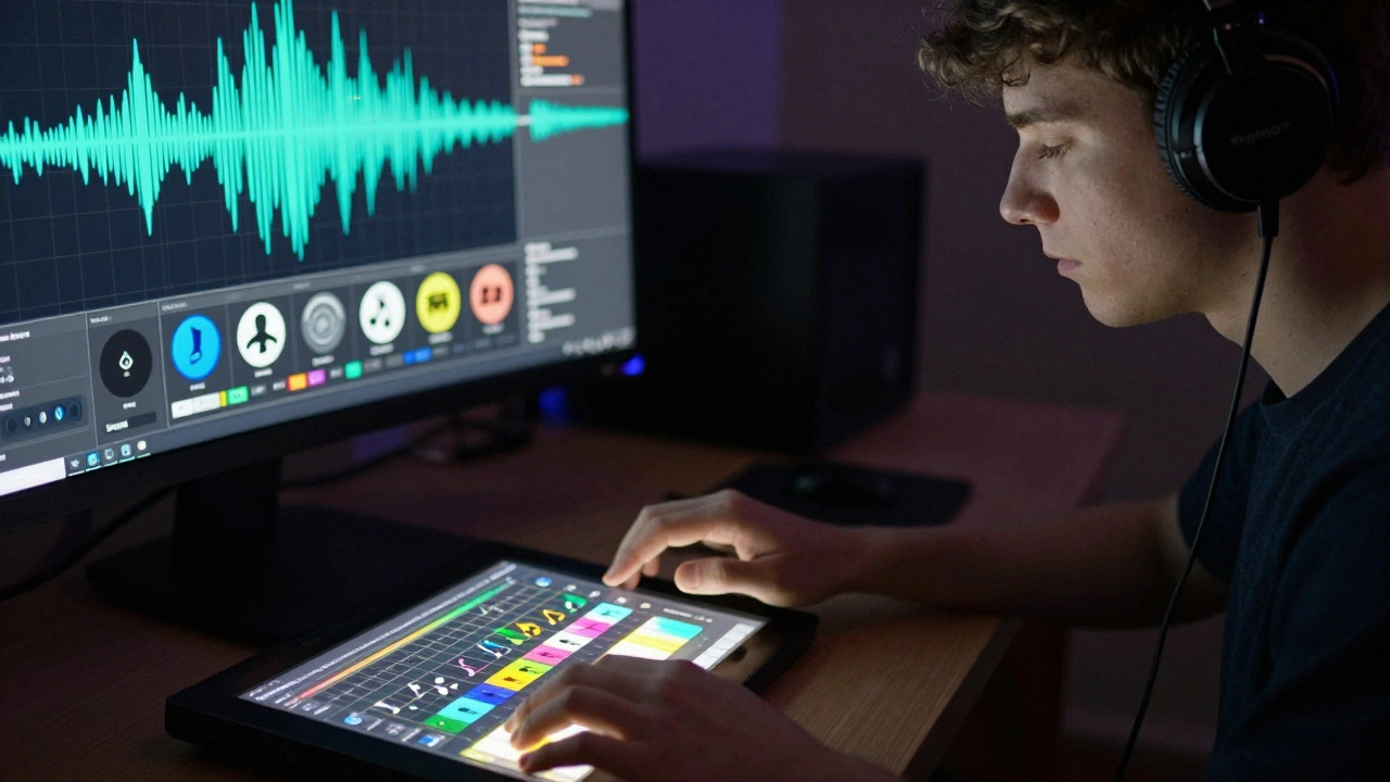 A student composing music on a computer using digital notation software with MIDI notes on screen.