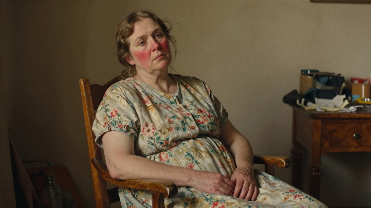 A woman in a modest setting, painted with loose, expressive strokes, radiating warmth and weary humanity.