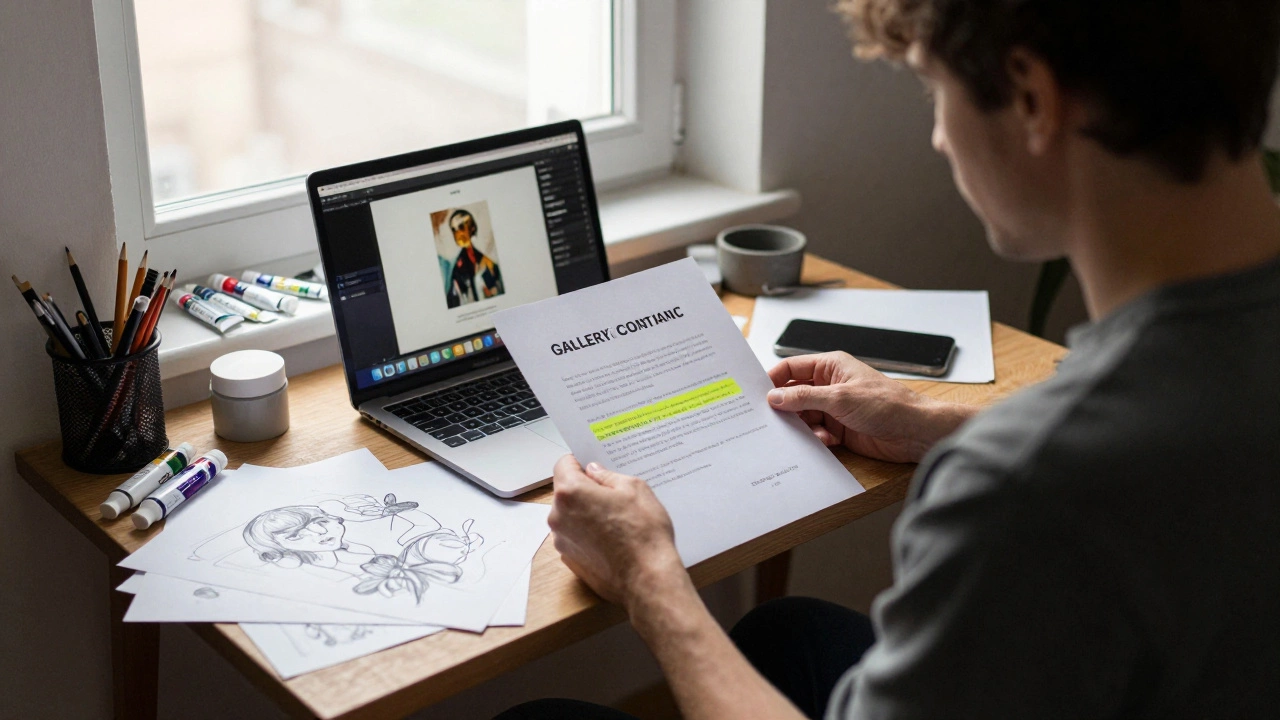 An artist reviewing a gallery contract in their home studio, sunlight illuminating paint tubes and a sold artwork notification on screen.