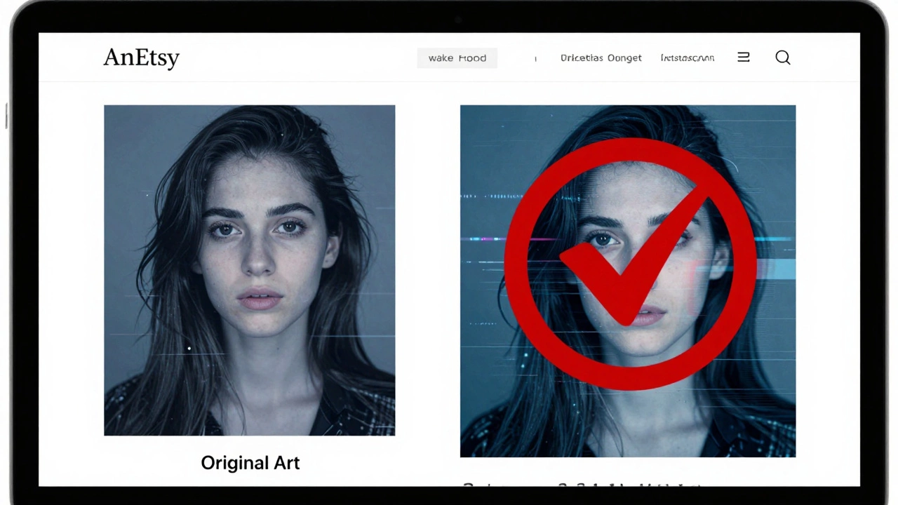 Etsy store showing copied art next to source image with copyright symbol