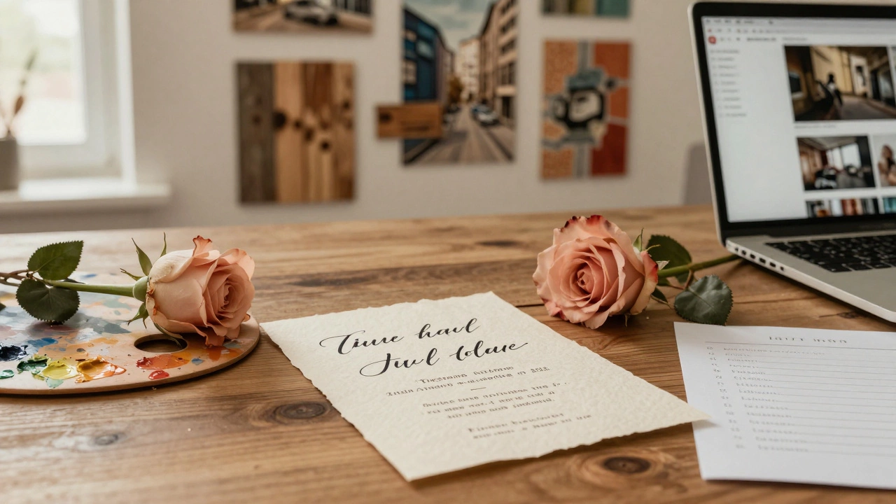 Handwritten invitation on wood table beside paint palette and mixed-media artworks.