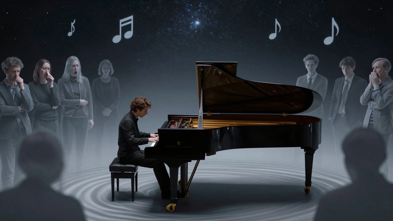 Pianist sitting silently at grand piano as audience silhouettes float around in stillness.