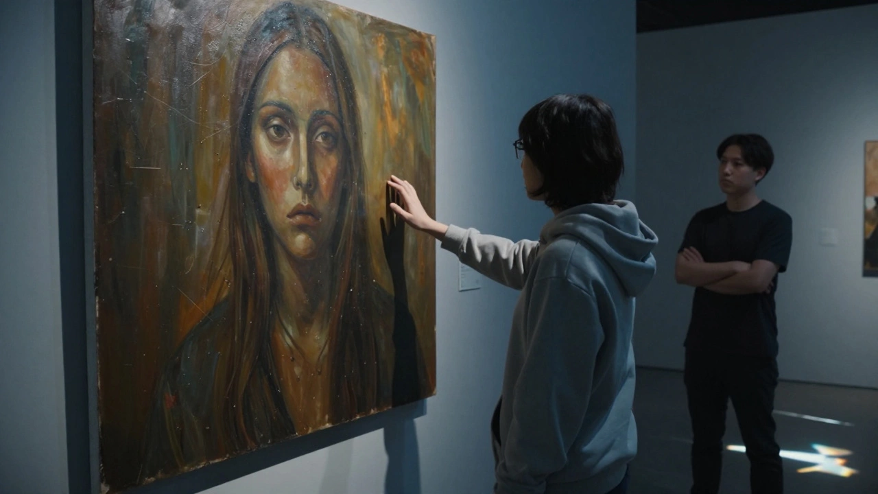 Student transfixed before a painting of isolation as curator watches silently.