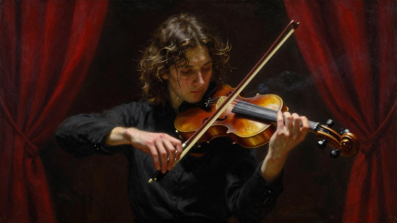 Violinist executing complex double stops and left-hand pizzicato in Paganini's Caprice.