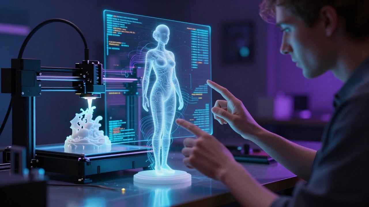 A digital artist manipulating a holographic sculpture with glowing code around them.
