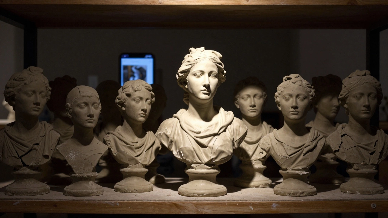 A shelf of 47 failed clay busts with one finished piece glowing in the center.