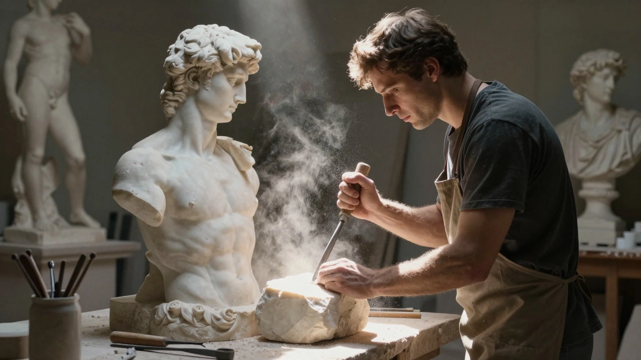 A stone carver revealing a marble figure with chisel and sunlight streaming in.
