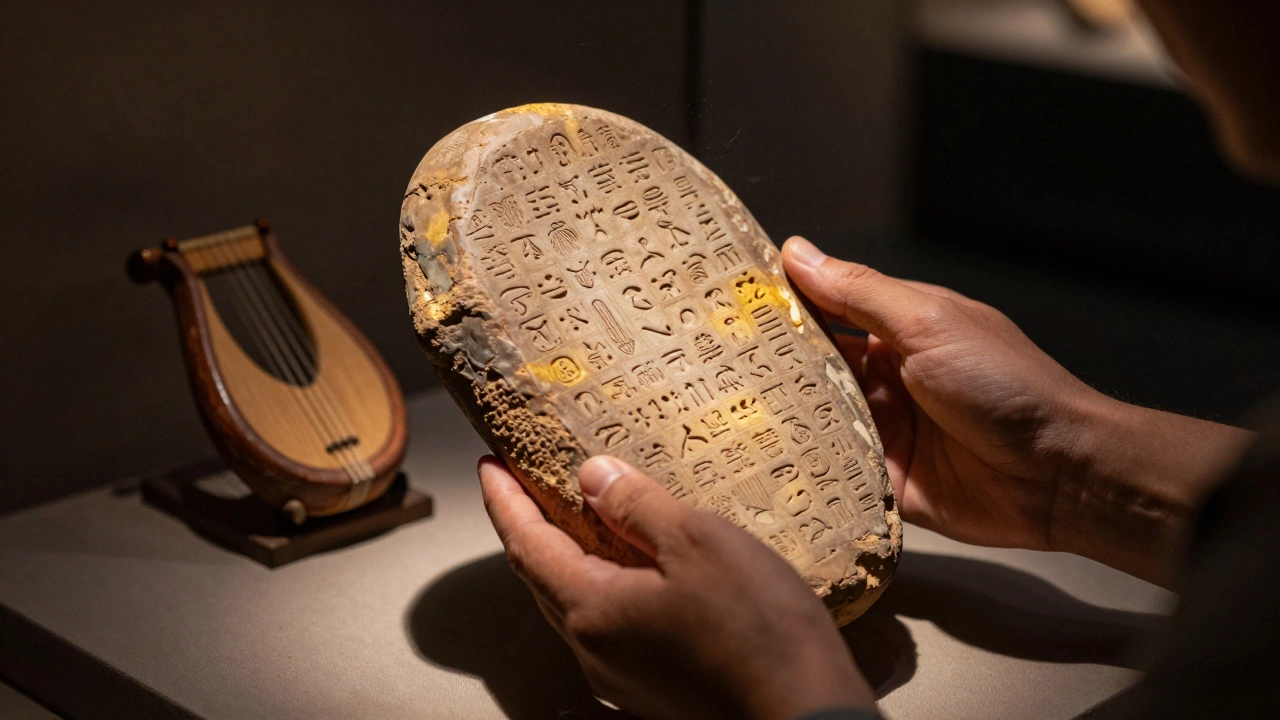 Archaeologist examining Hurrian Hymn clay tablet with cuneiform symbols