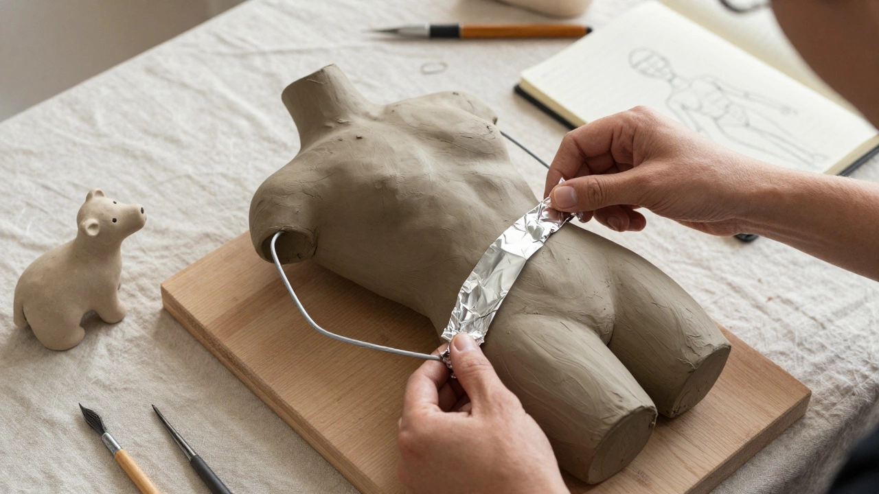 Hands building a wire armature for a clay sculpture, with a ceramic animal as reference.