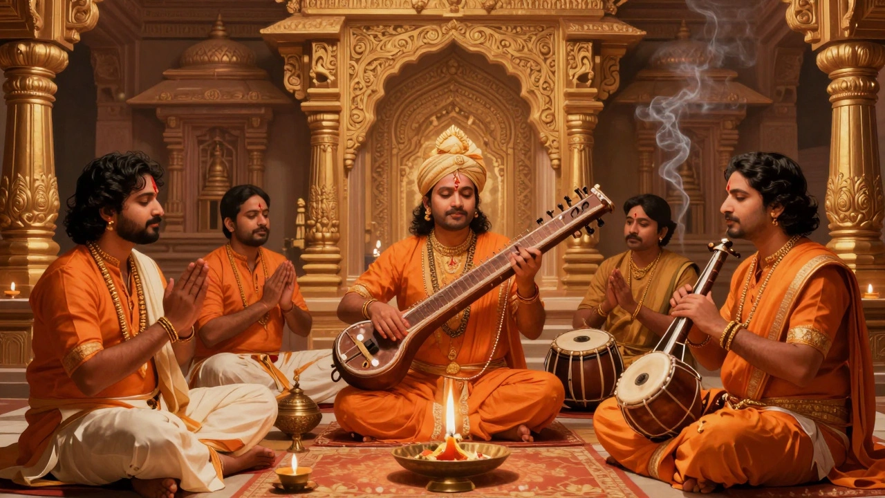 Indian musicians performing Vedic chants in temple with traditional instruments