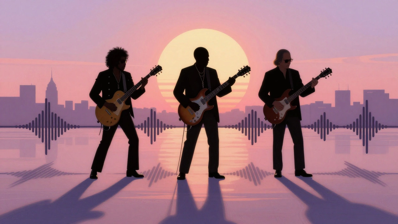 Silhouettes of Hendrix, Wonder, and Ma stand together as sound waves ripple through a sunrise-lit city.