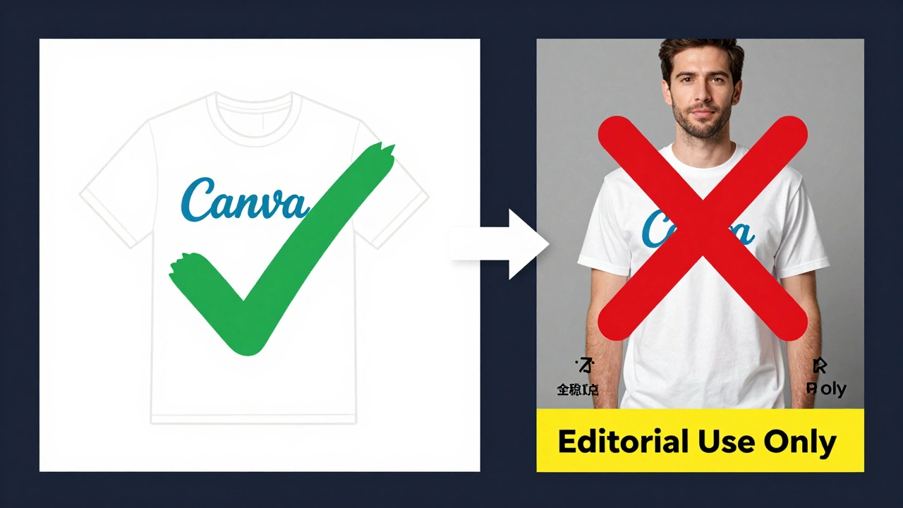 Split-screen infographic comparing safe and unsafe Canva design elements for commercial use with clear license indicators.