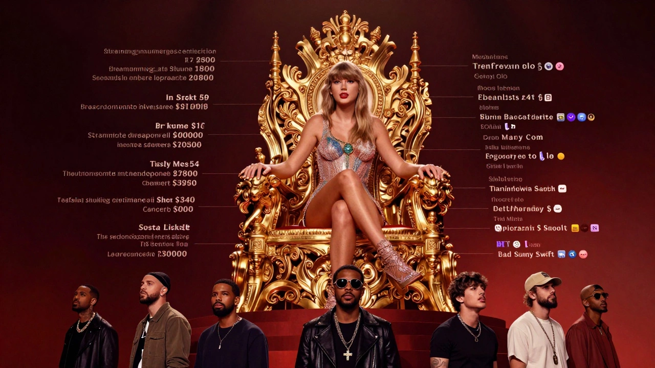 Taylor Swift seated on a throne made of streaming stats, concert tickets, and album certifications, overshadowing other artists below.