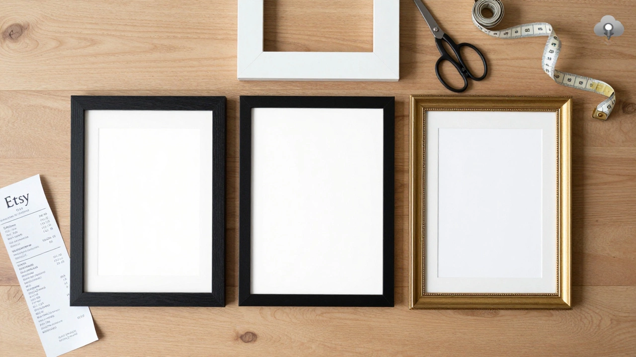 Three framed art prints in standard sizes laid out with frames and Etsy receipt on wooden table.