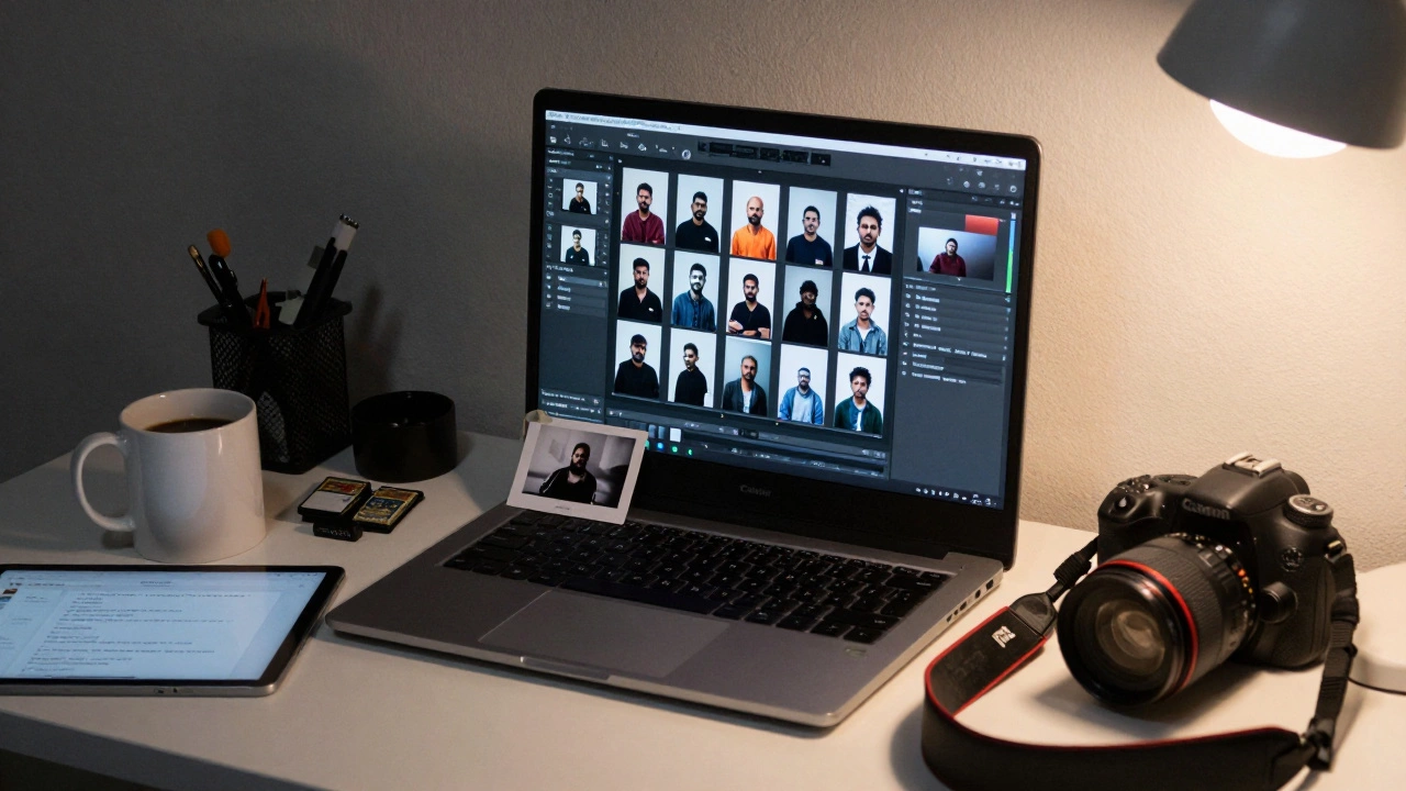 A home studio workspace with a laptop showing edited portraits and client messages.