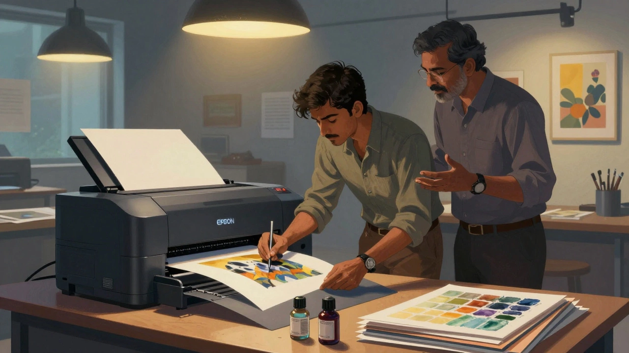 A non-student artist using a university art lab's wide-format printer with fine art paper and archival inks.