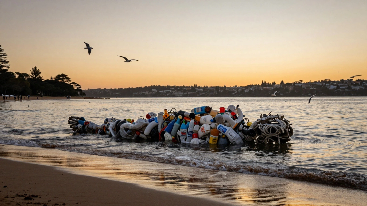 A plastic sculpture drifts at low tide in a harbor, surrounded by onlookers at dusk.